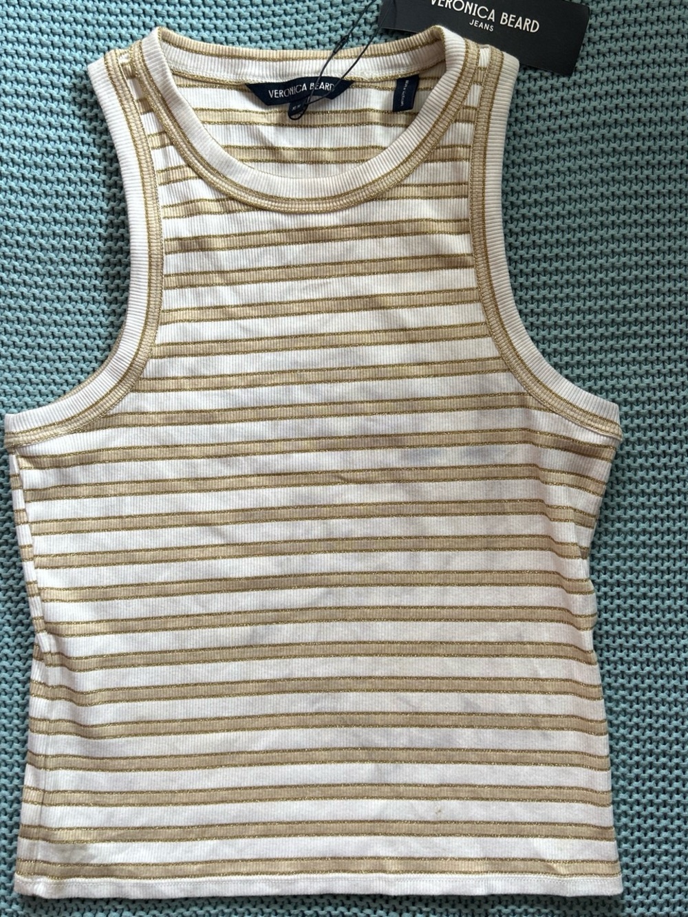Veronica Beard White and Khaki Striped Ribbed Tank